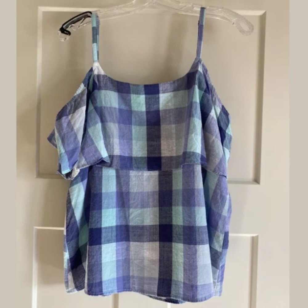 Bobeau Blue Plaid Ruffle Tank L